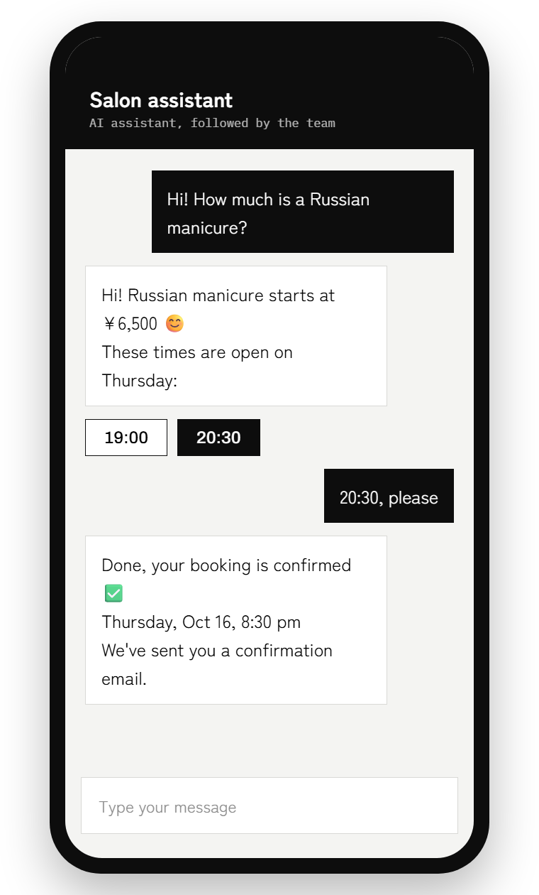 Example conversation with the AI assistant, from question to booking