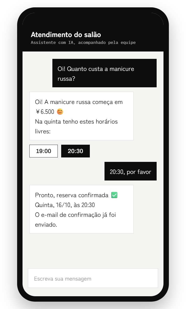 Exemplo de conversa com o atendente com IA, da pergunta até a reserva