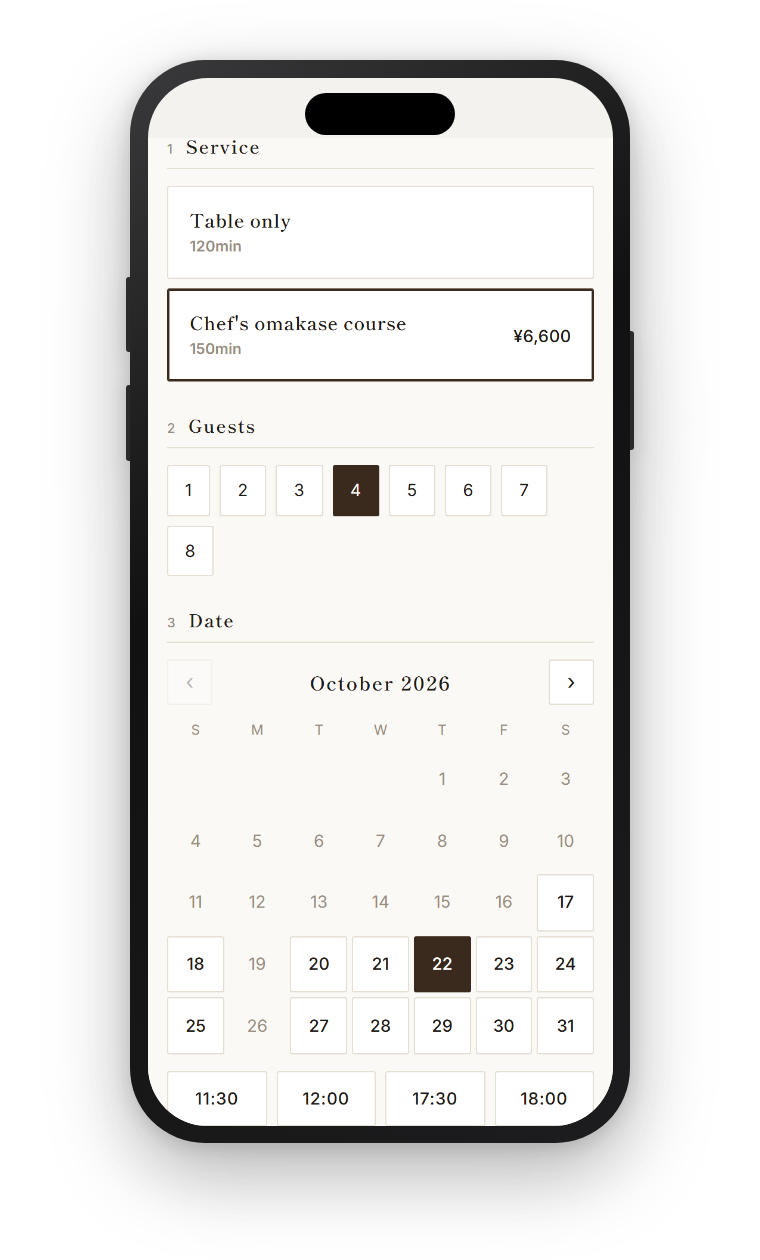 Booking system screen (demo)